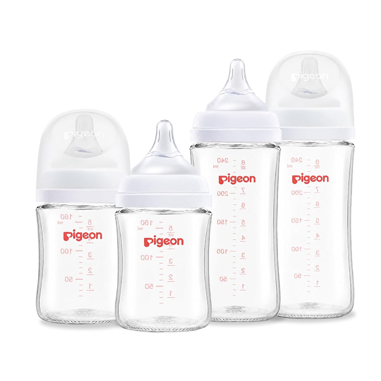 Kit 4 Biberones de Vidrio Anticólico Pigeon, Tamaño Mixto